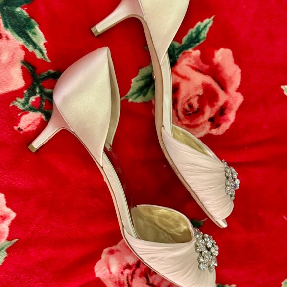 Badgley Mischka Sabine Light Pink Satin Crystal Bridal Wedding Heels Size 11 - Picture 14 of 16